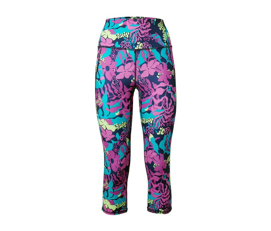 Eine 3/4 Sporttight mit Alloverprint aus Blumen in den Farben Lila, Grün und Blau.