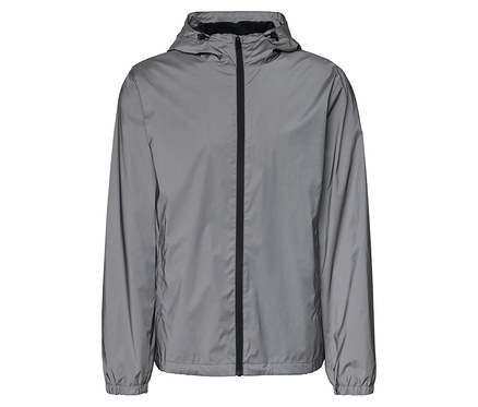 Graue Jacke mit Kapuze und schwarzem Reißverschluss.