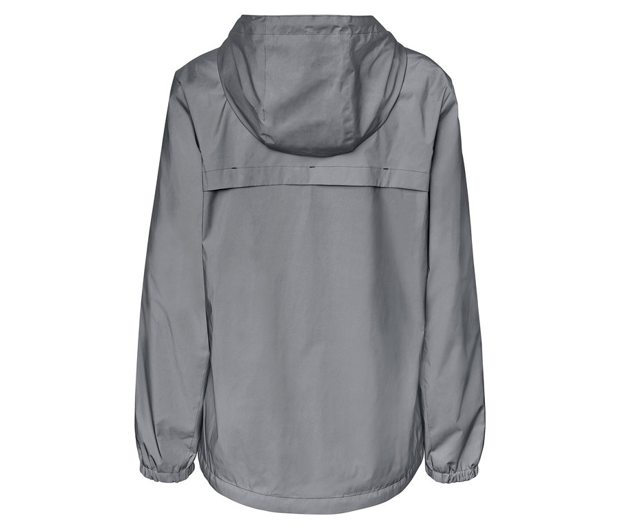 Rückansicht einer grauen Kapuzenjacke.