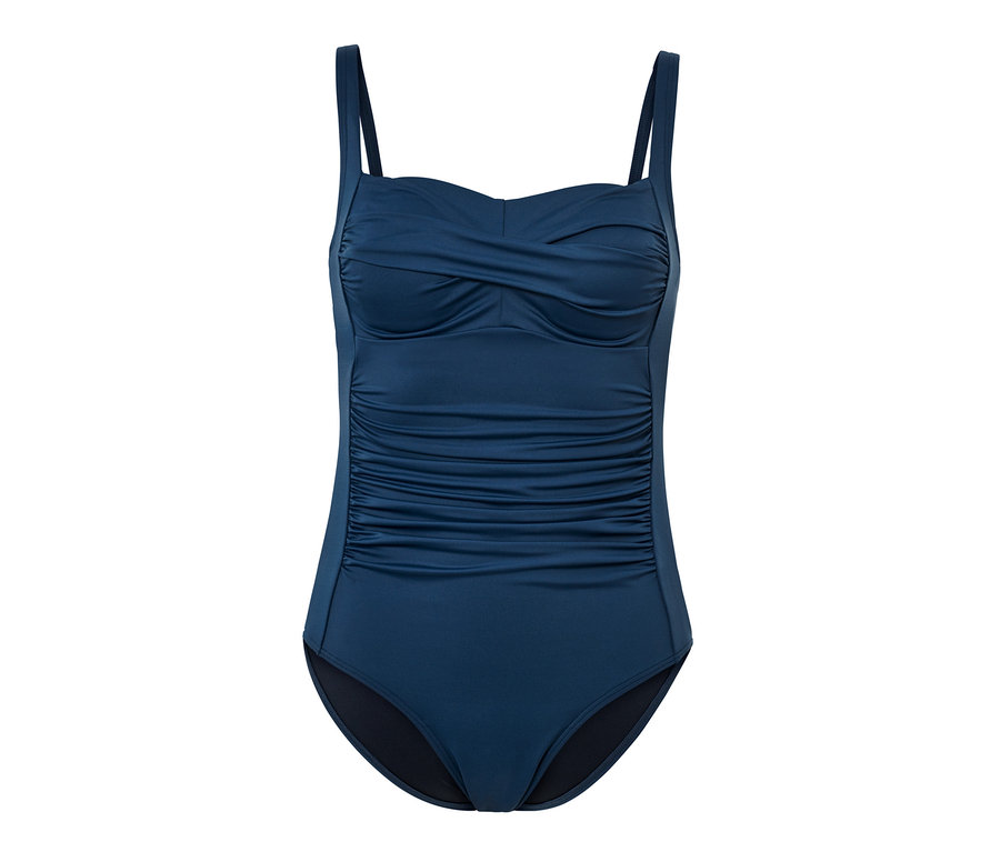 Figurformender blauer Badeanzug mit recyceltem Material.