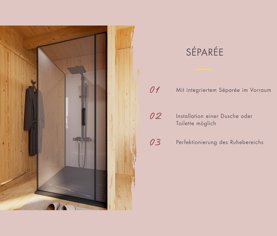Duschkabine mit Glastür und Duschkopf und Brause. An der Wand hängt ein Bademantel.