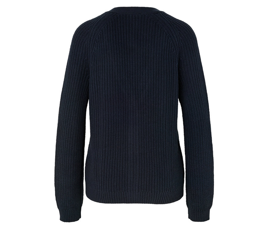 Dunkelblauer Strickpullover mit langen Ärmeln, Rückansicht.