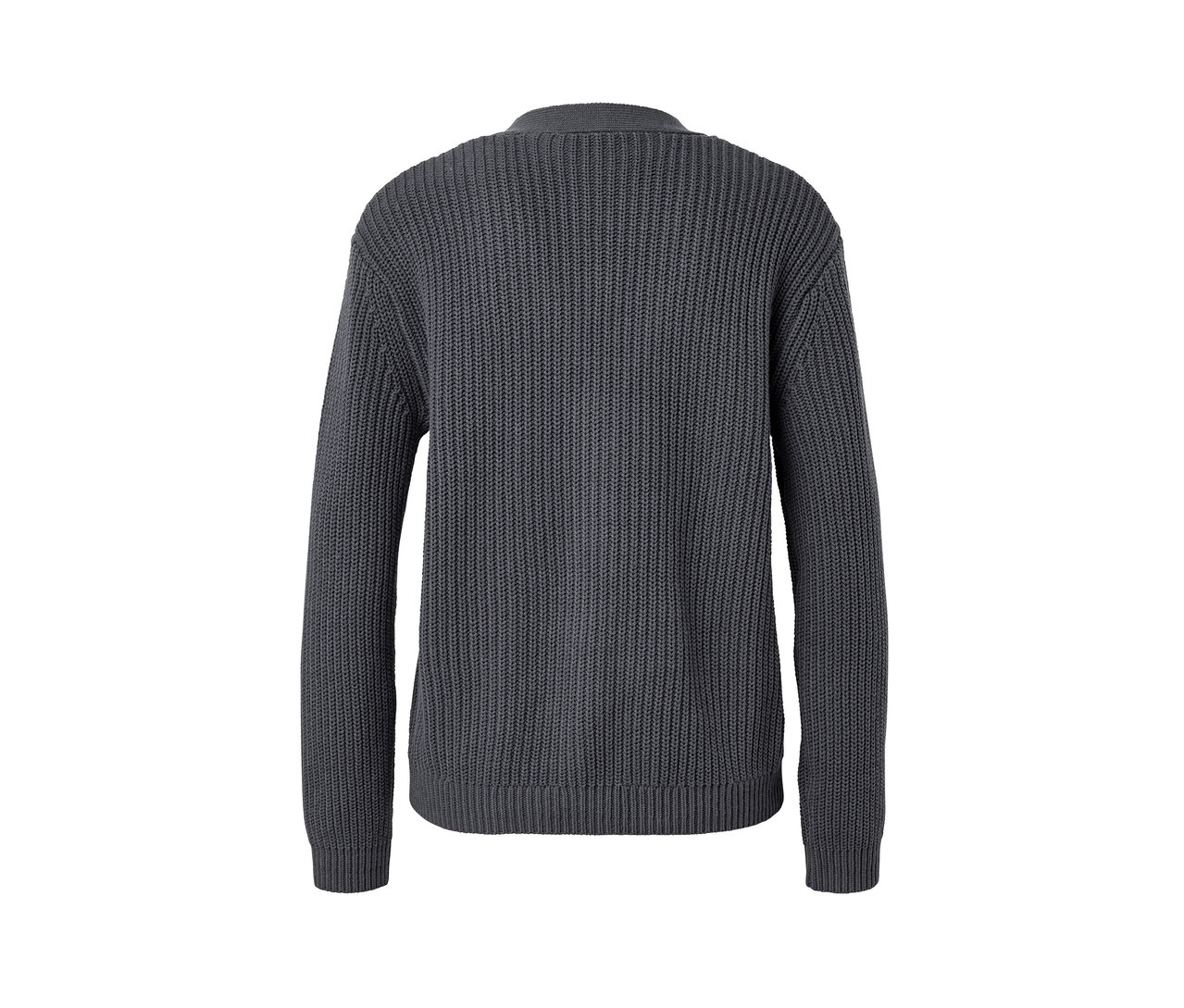 Detailaufnahme eines anthrazitfarbenen Grobstrick-Cardigans.