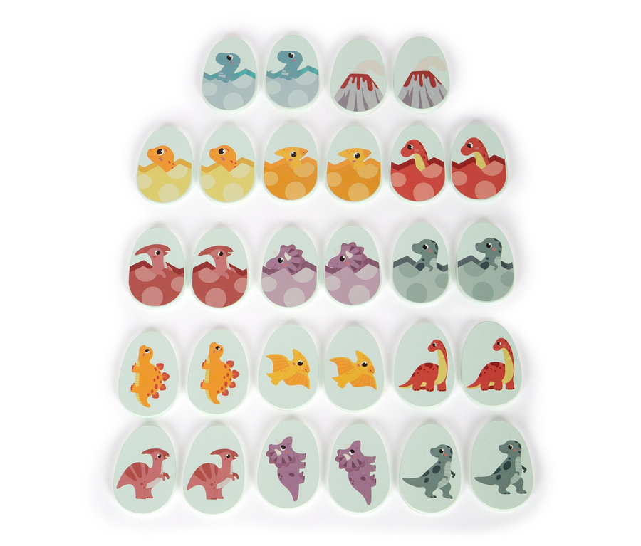 Das Bild zeigt das small foot Spiele-Set »Dino«, bestehend aus eiförmigen Holzkärtchen mit Dinosaurier-Motiven.