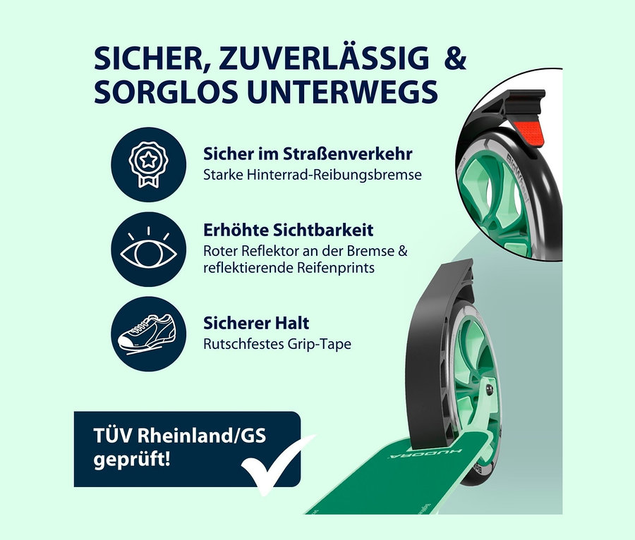 Nahaufnahme eines grünen HUDORA BigWheel® 205 Scooter. Sichtbar sind das Rad mit Bremse und das grüne Trittbrett.