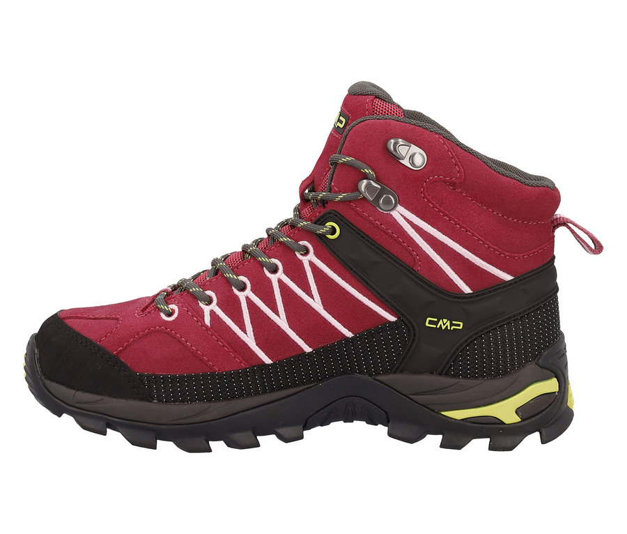 Ein burgunderroter CMP Wanderstiefel mit schwarzer Sohle und weißen Ziernähten.