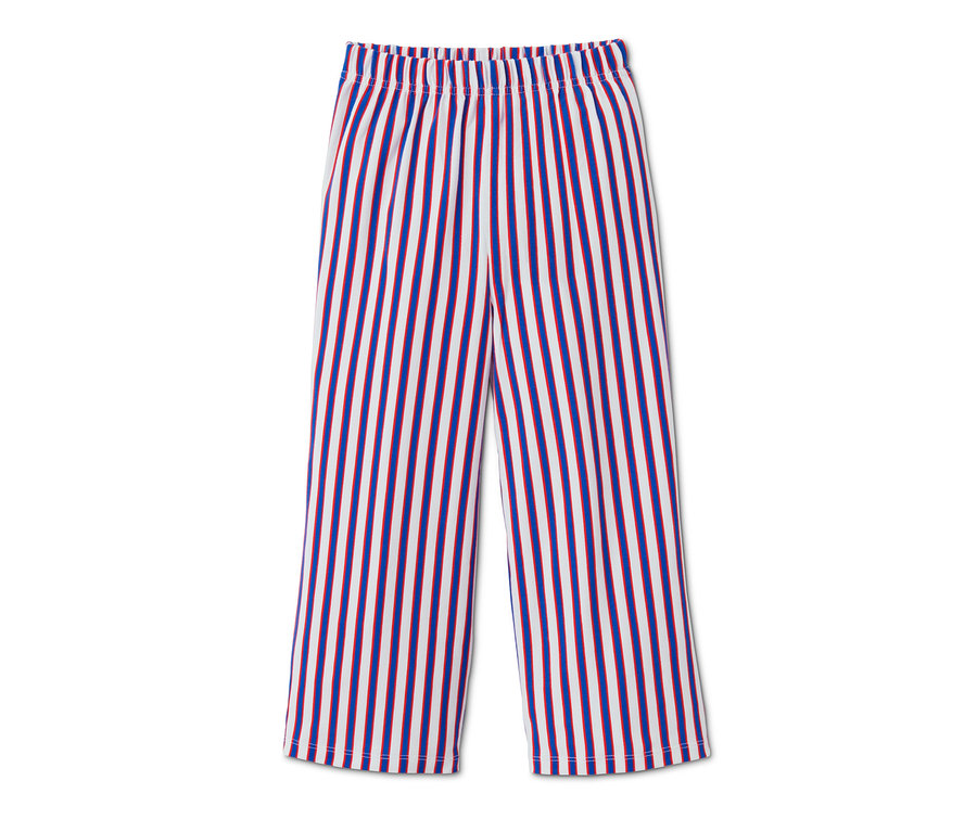 Mädchen-Pyjamahose mit blauen und roten Streifen auf weißem Hintergrund.