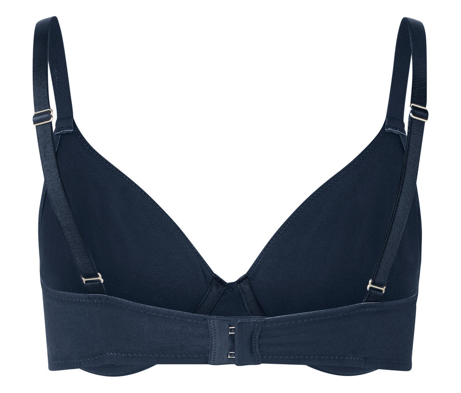 Rückansicht eines marineblauen BHs mit verstellbaren Trägern und Hakenverschluss.