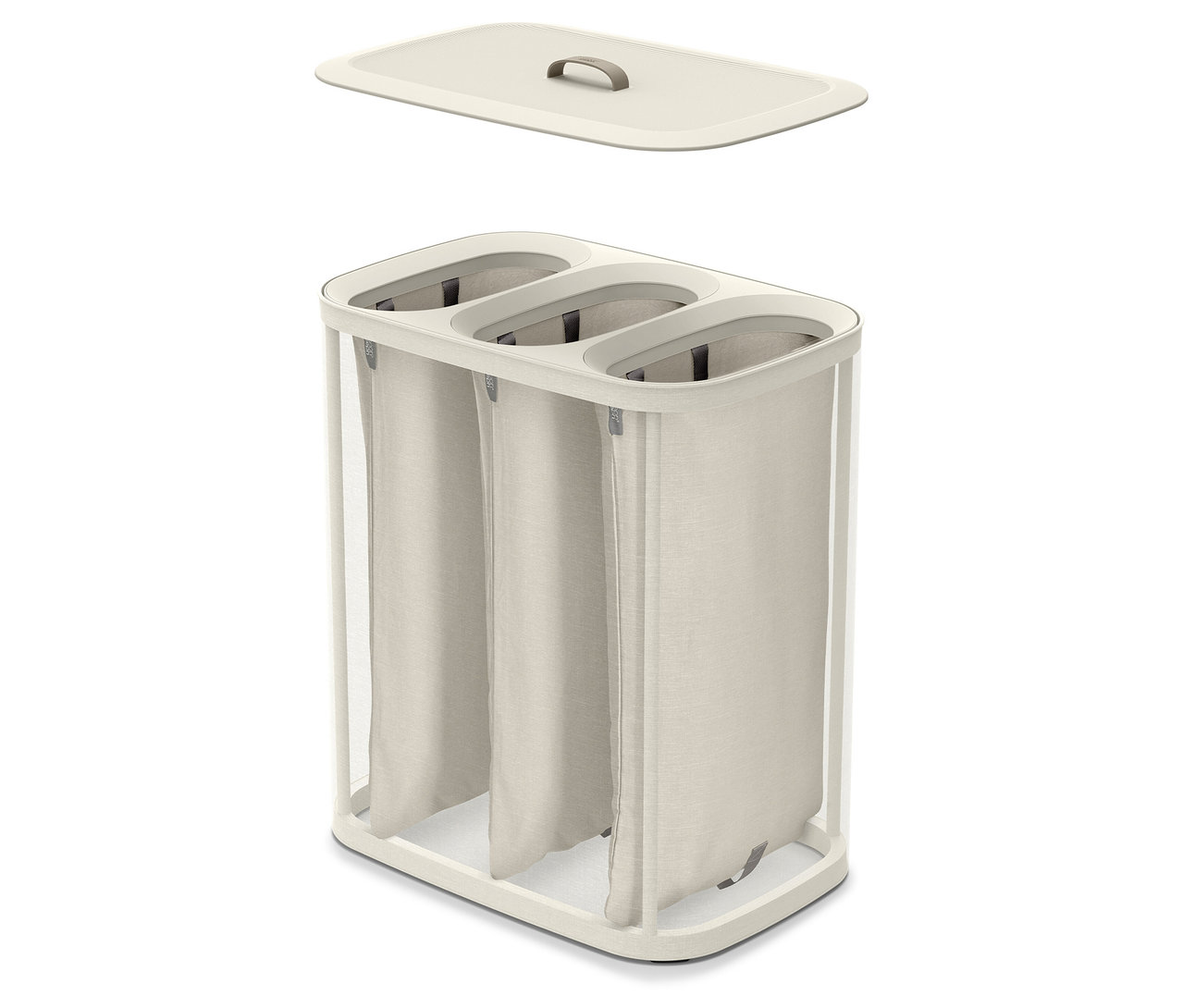 Ein cremefarbener Joseph Joseph »Tota Trio« Wäschekorb mit 90 l Fassungsvermögen und Deckel. Er hat drei Fächer.