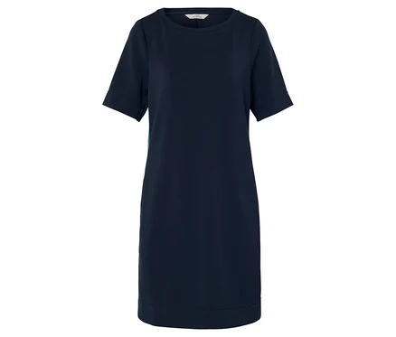 Ein blaues T-Shirt-Kleid mit kurzen Ärmeln.