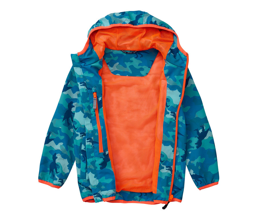 Geöffnete blaue Jako-O Softshelljacke mit Tarnmuster und orangefarbenem Futter.