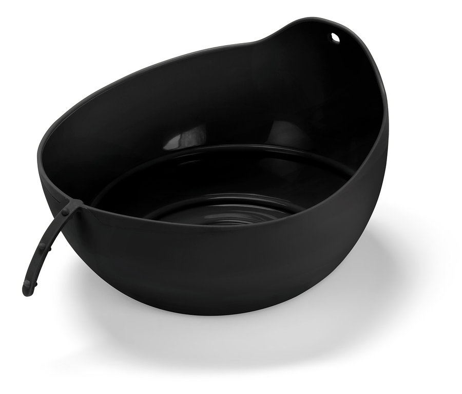 Schwarze Silikonschüssel mit Ausgießer und Aufhängeloch.