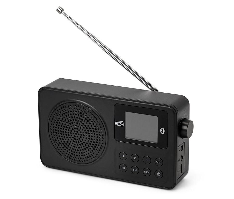 Schwarzes DAB+/ FM-Radio mit Antenne.
