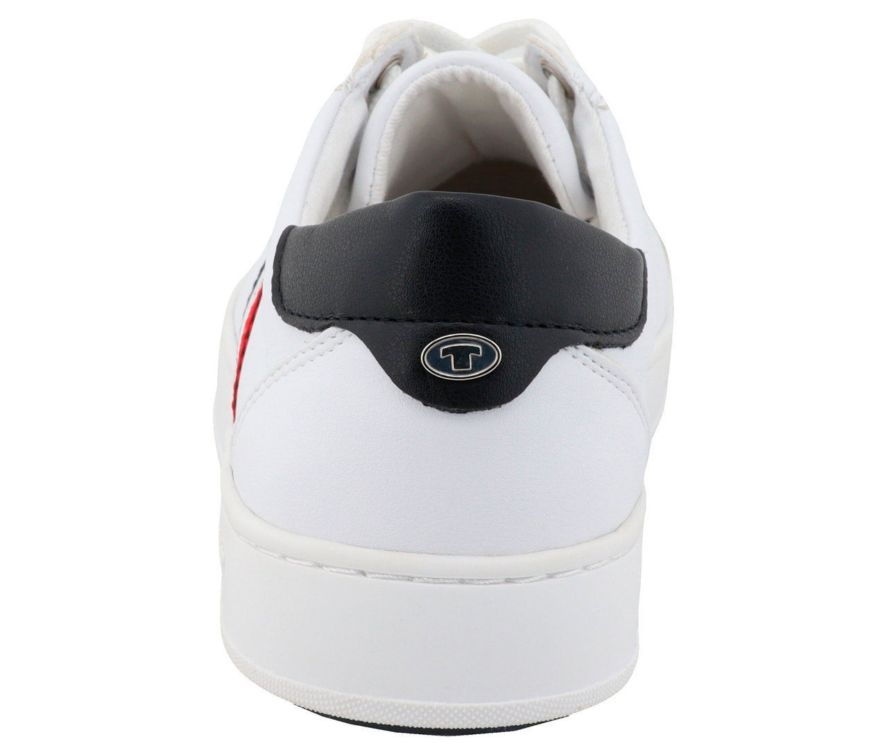 Rückansicht eines weißen Sneakers mit schwarzer Fersenkappe und Logo.