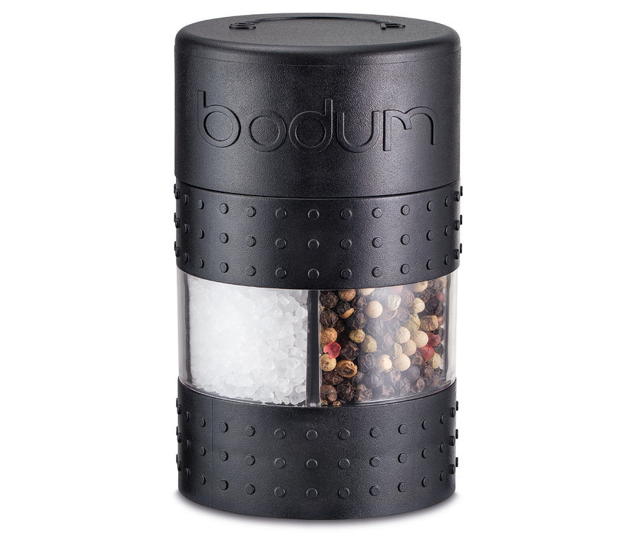 Eine schwarze Bodum-Salz- und -Pfeffermühle »Bistro« mit transparenten Behältern für Salz und Pfeffer.
