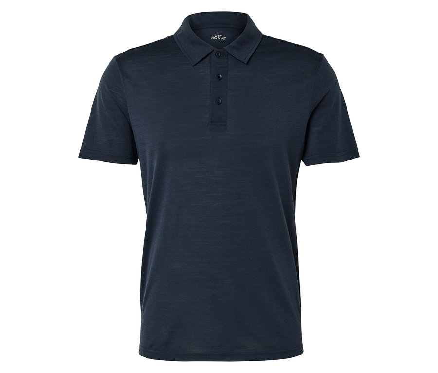 Dunkelblaues Poloshirt mit kurzen Ärmeln und Knopfleiste.