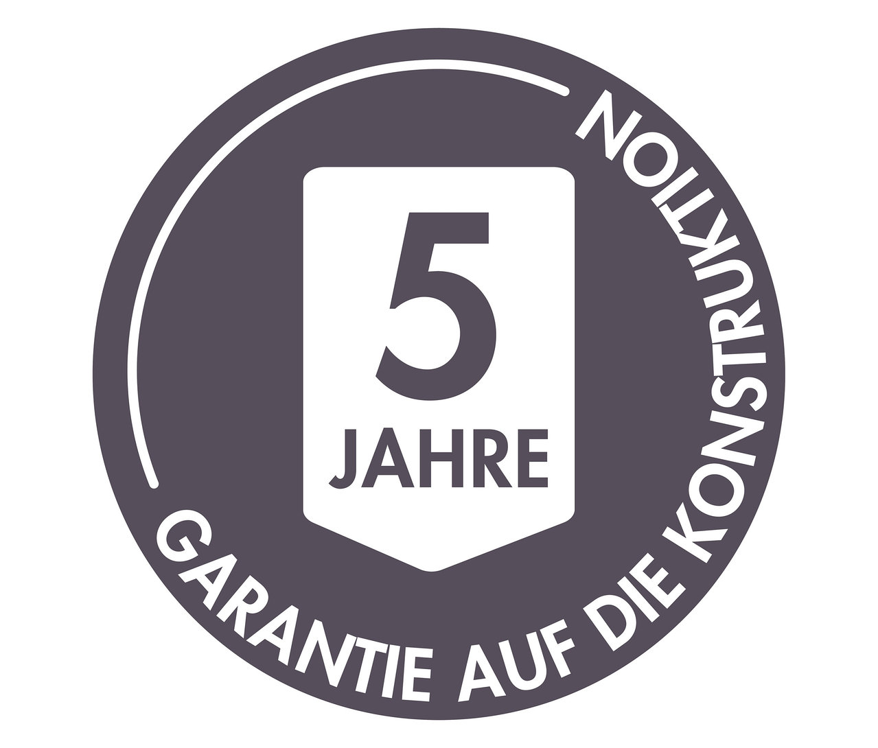 Abbildung eines grauen Kreises mit Text, der eine 5-Jahres-Garantie auf die Konstruktion bewirbt.