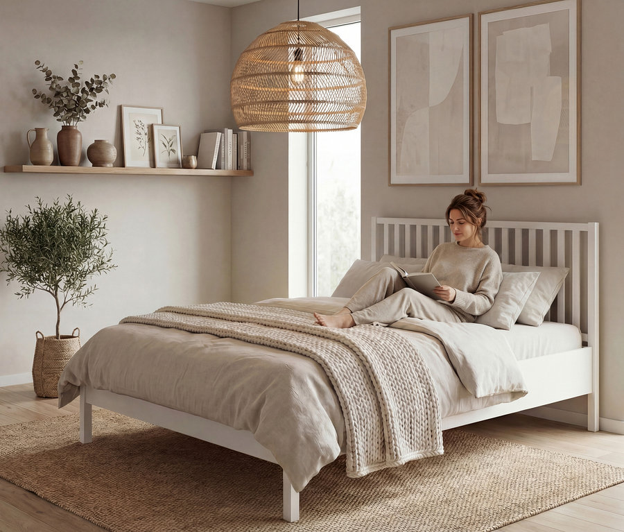 Frau liest im Bett mit beiger Bettwäsche und Strickdecke. Über dem Bett hängt eine geflochtene Lampe. Regalboden, Bilder und Pflanze im Hintergrund.