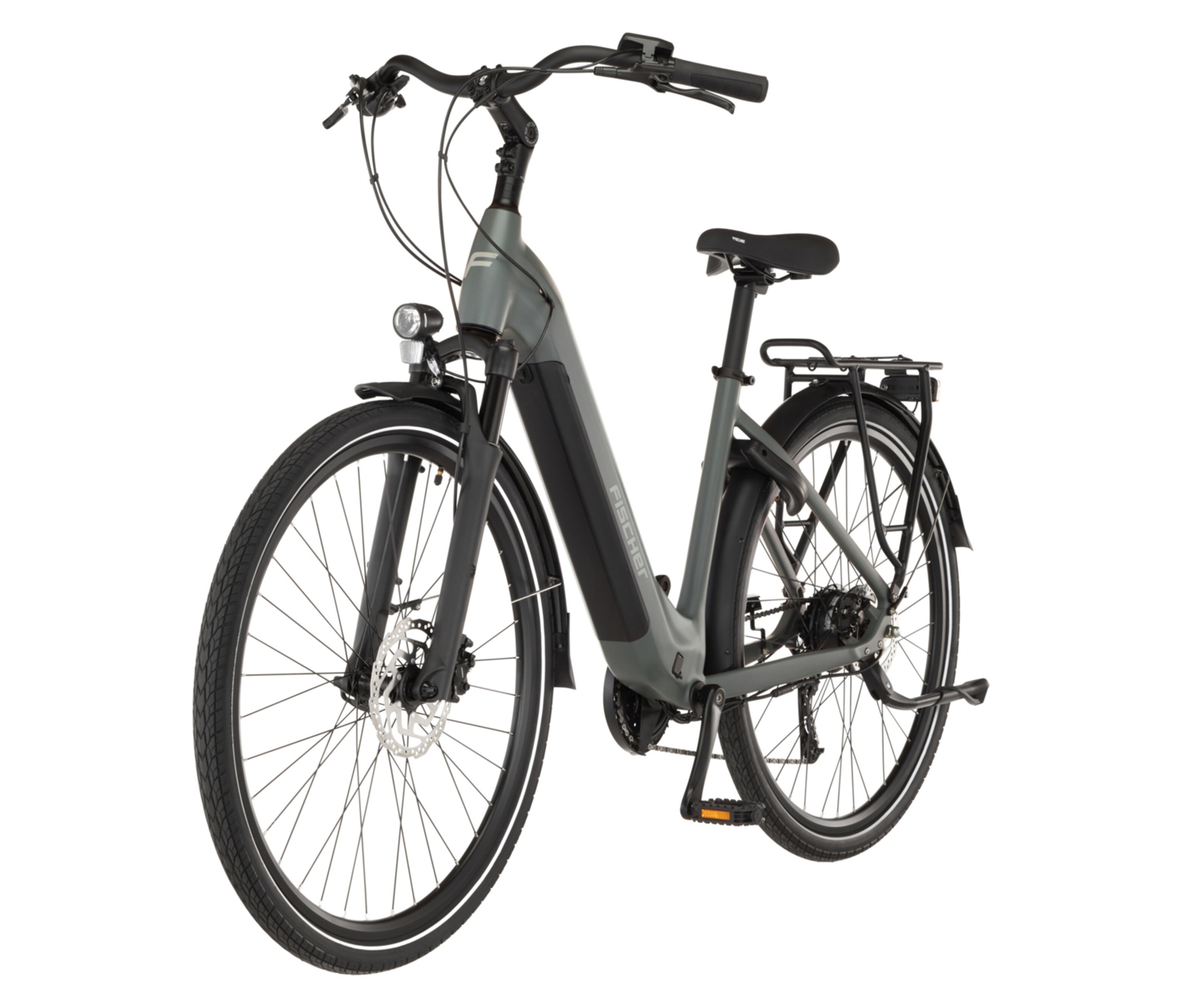 Graues FISCHER City E-Bike CITA MOVE mit Gepäckträger, Lampe und schwarzem Sattel von vorne seitlich.