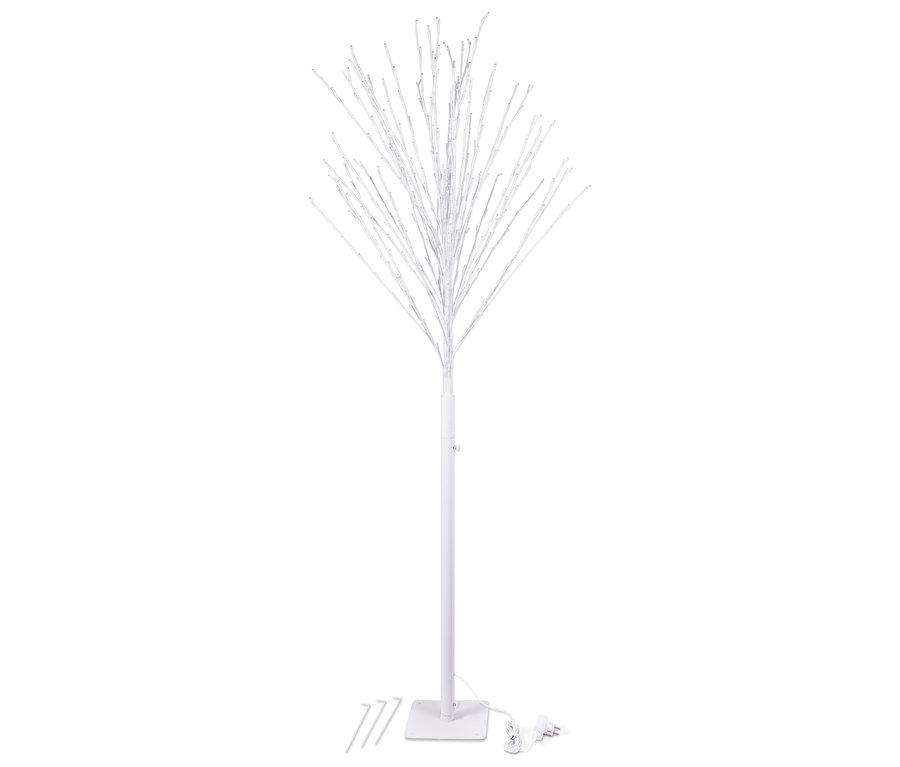 Weißer Baum mit LED-Lichtern auf weißem Hintergrund.