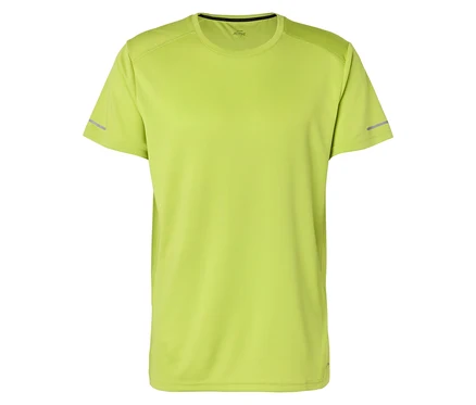 Ein hellgrünes Sport-T-Shirt liegt auf einem weißen Hintergrund.