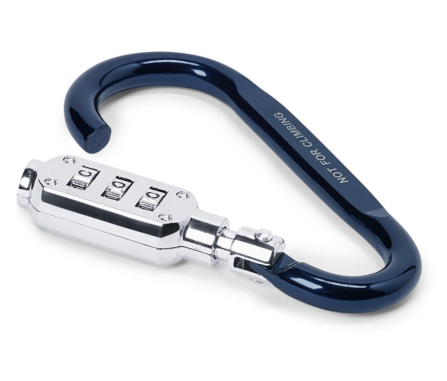 Blauer Karabiner mit Zahlenschloss, auf dem "NICHT ZUM KLETTERN" steht, liegt auf einem weißen Hintergrund.