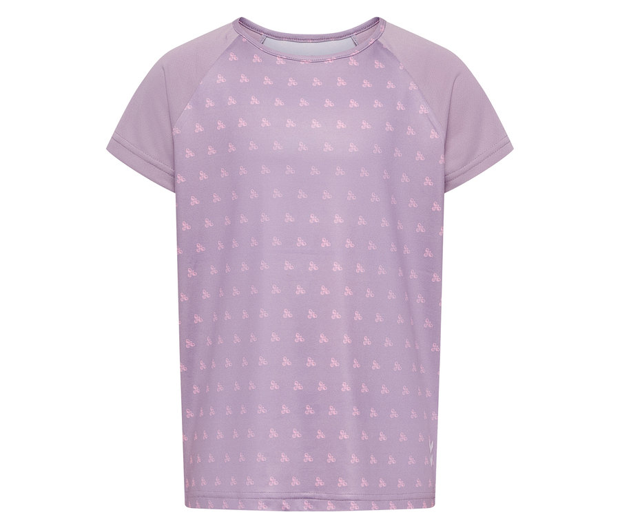Lila hummel® HMLJR Mix T-Shirt mit kleinem Muster auf der Vorderseite.