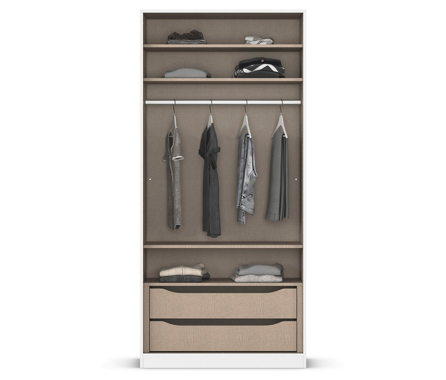 Ein schmaler, heller Kleiderschrank mit zwei Schubladen und mehreren Regalen mit Kleidung.