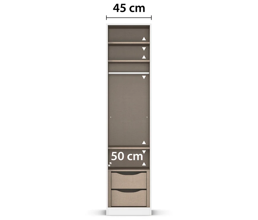 Schmaler, brauner Schrank mit Regalen oben und zwei Schubladen unten, Maße 45 cm breit und 50 cm tief.