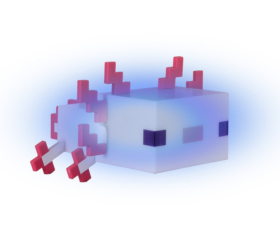 Ein Minecraft Axolotl-Licht in Würfelform mit roten und weißen Akzenten.