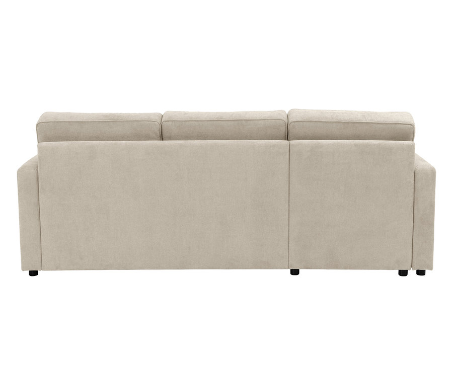 Rückansicht eines beigen Sofas mit drei Sitzen und schwarzen Füßen.