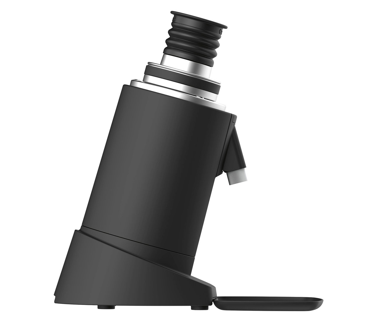 Schwarze Kaffeemühle mit Auffangschale von der Seite.