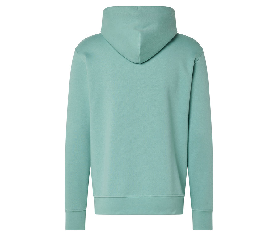 Rückansicht eines helltürkisfarbenen Hoodies.