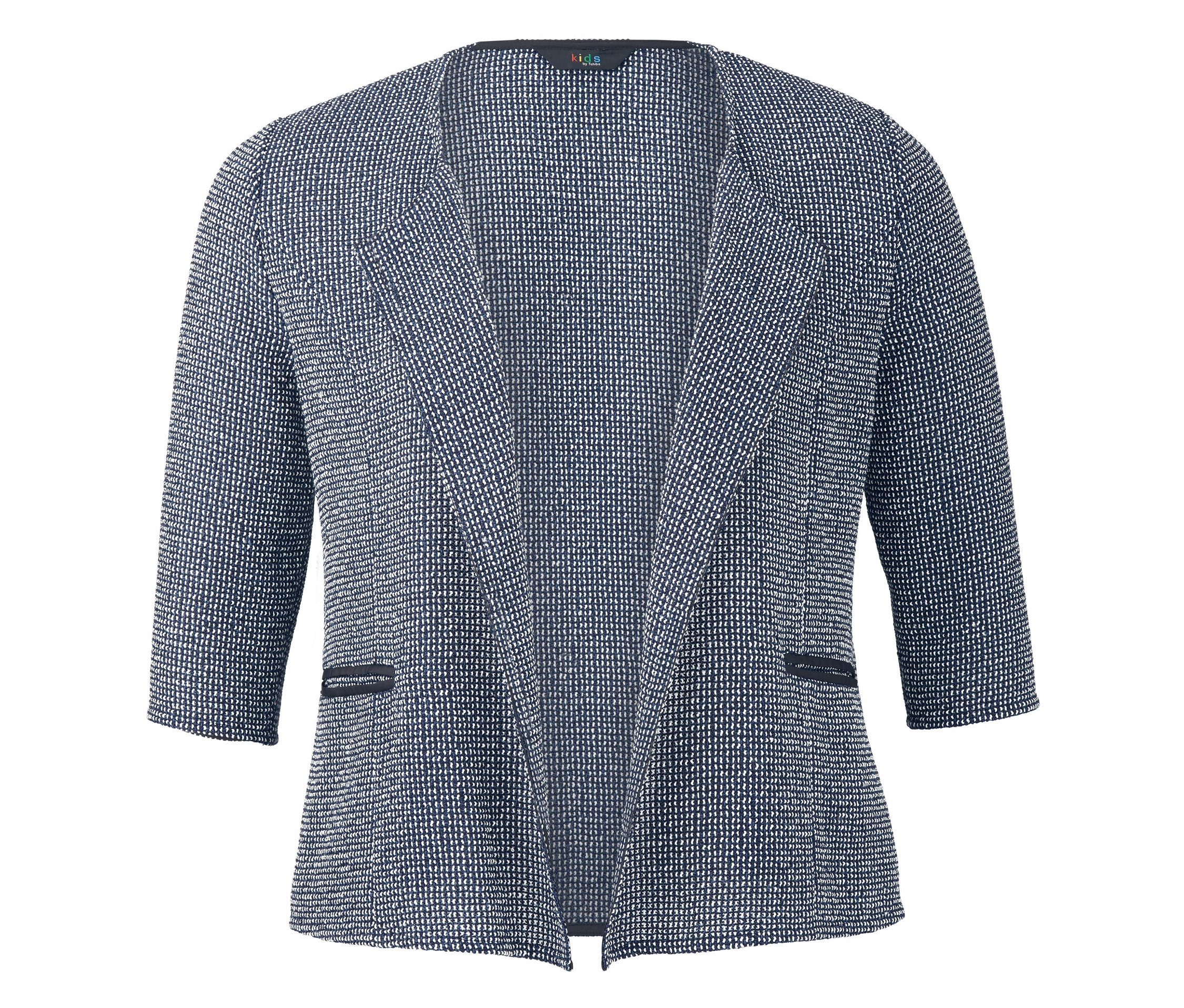 Blaue Bouclé-Jacke mit Dreiviertelärmeln.