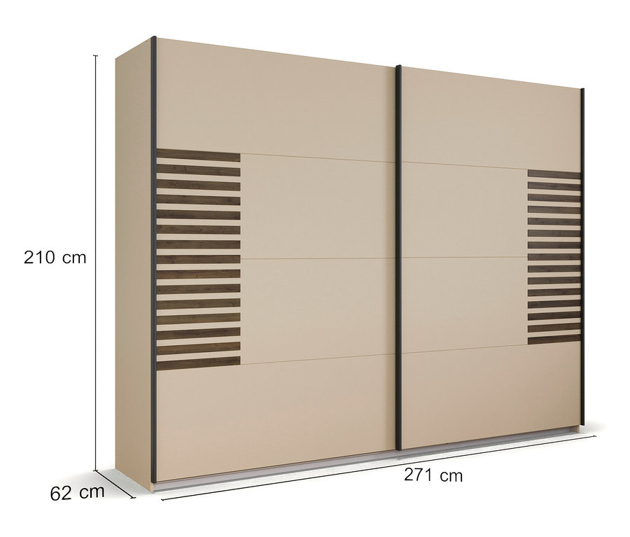 Beiger Schiebetürenschrank mit horizontalen Holzstreifen an den Seiten und Maßangaben.