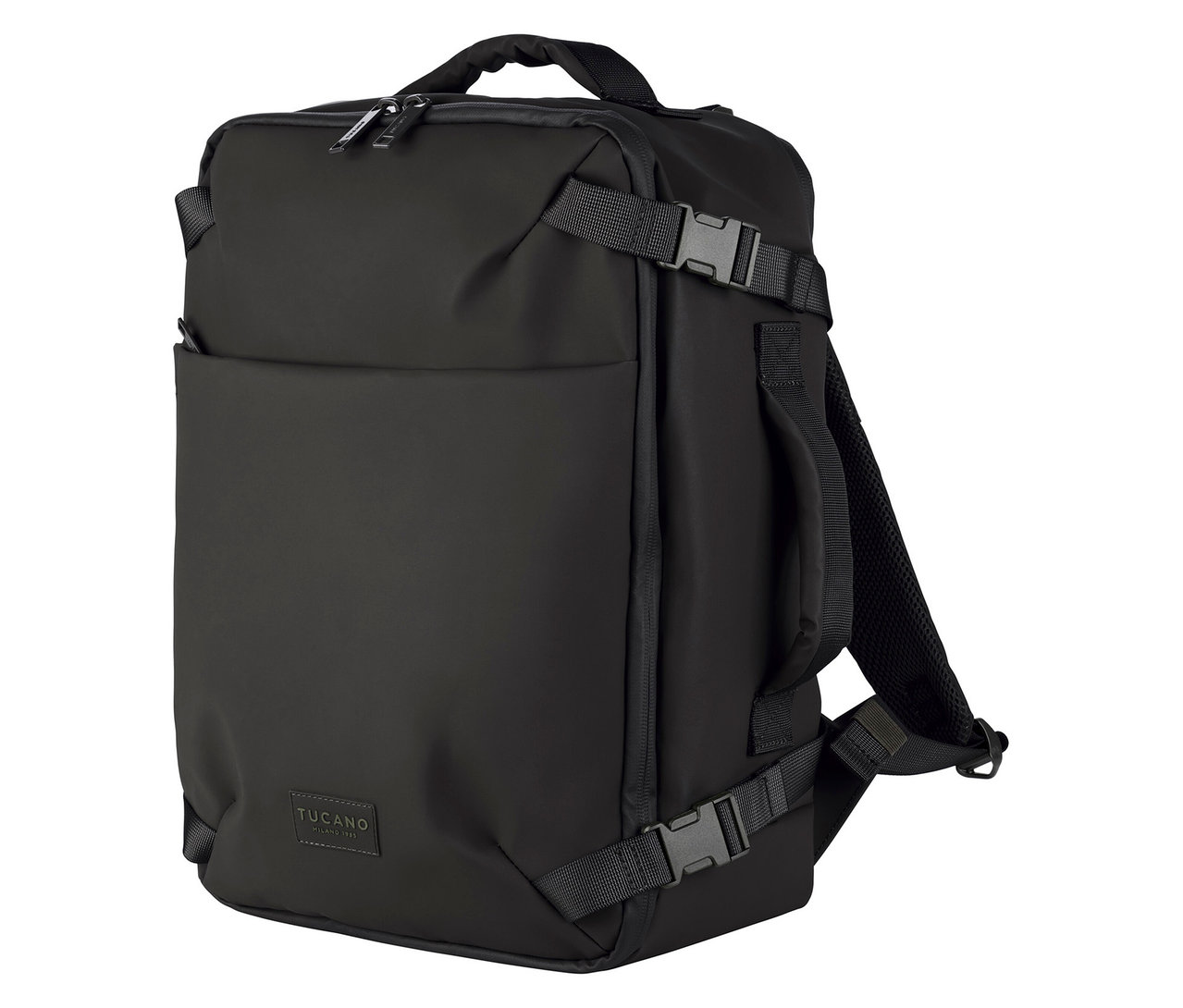 Schwarzer Tucano TUGO DRY Kabinenrucksack mit 15,6-Zoll-Laptopfach, von vorne fotografiert.