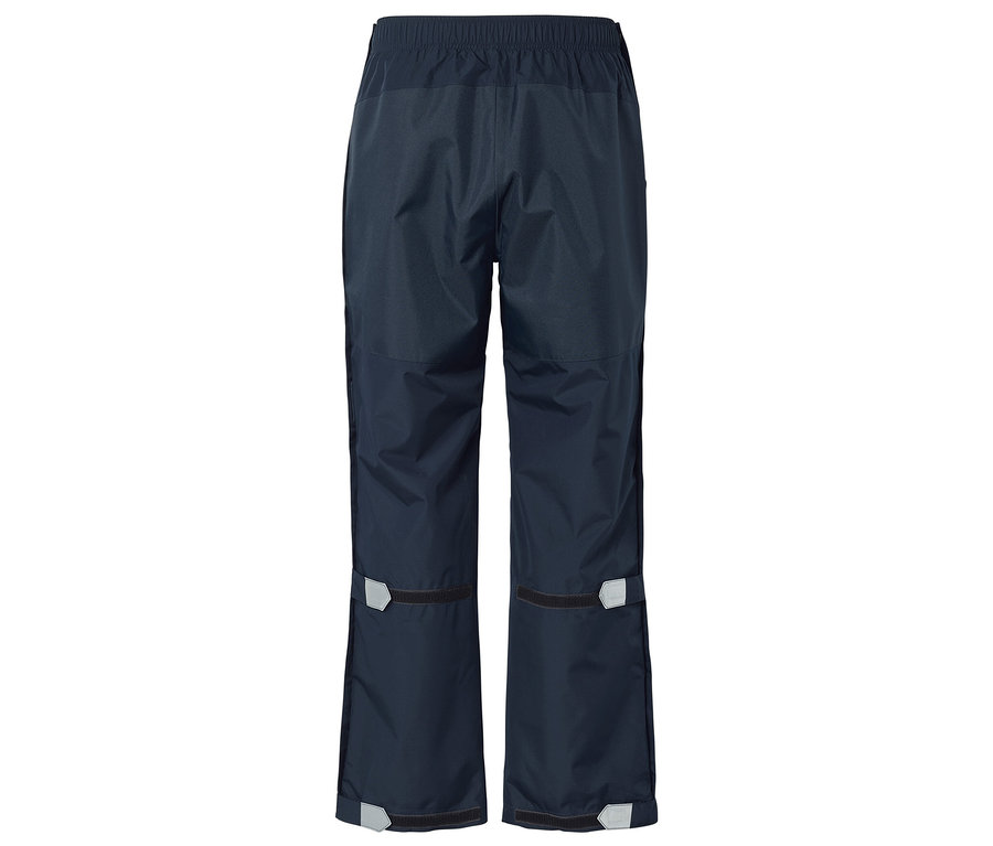 Dunkelblaue Regenhose mit Gummizug und reflektierenden Details an den Beinenden.