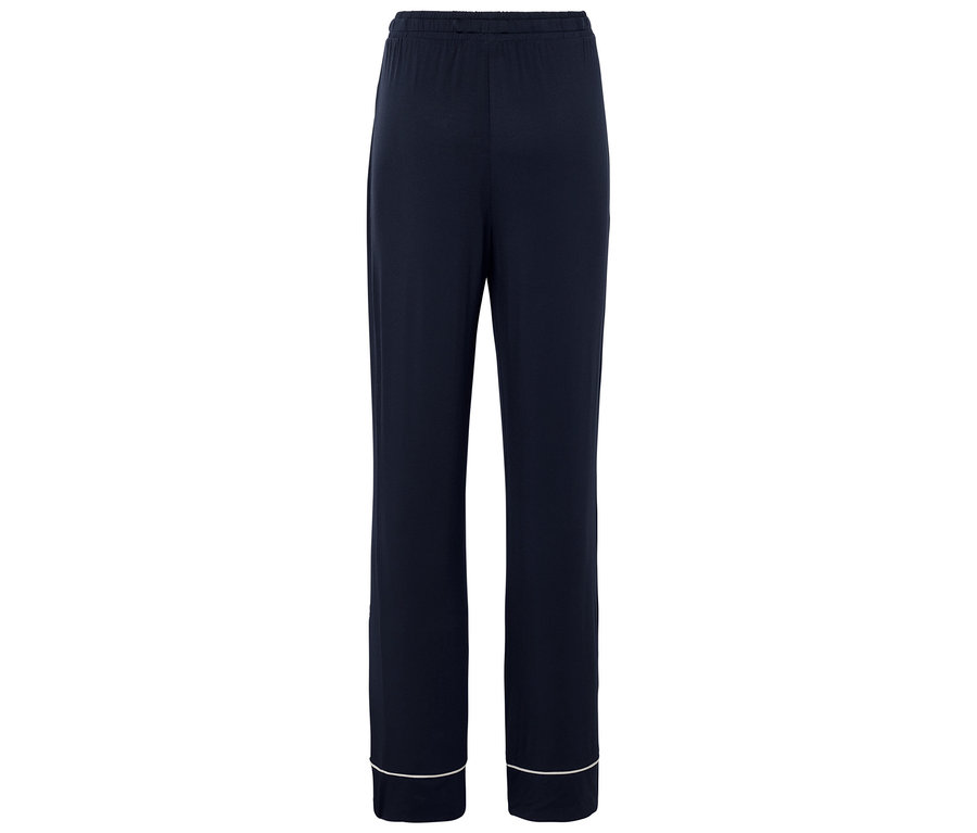 Dunkelblaue, lange Pyjamahose mit weißem Saum.