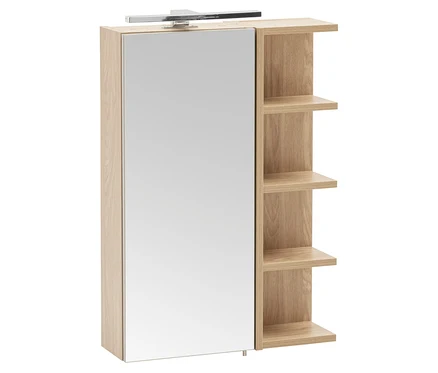 Schildmeyer Spiegelschrank »500 Sasso« in Eichenoptik mit Spiegeltür und seitlichen Regalen.