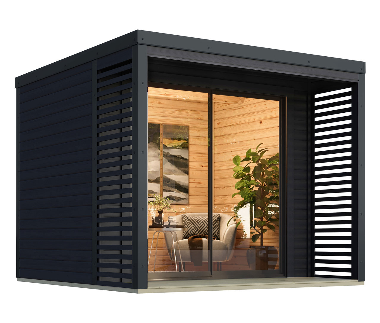Dunkelgraues Gartenhaus mit Holzverkleidung innen, eingerichtet mit Sessel, Tisch und Pflanze.