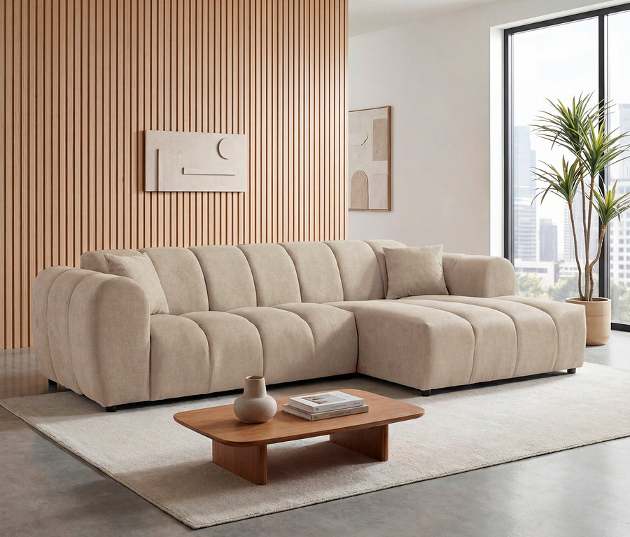 Beige Longchair rechts mit Sofa 2-Sitzer links »Loftwave« im Wohnzimmer.