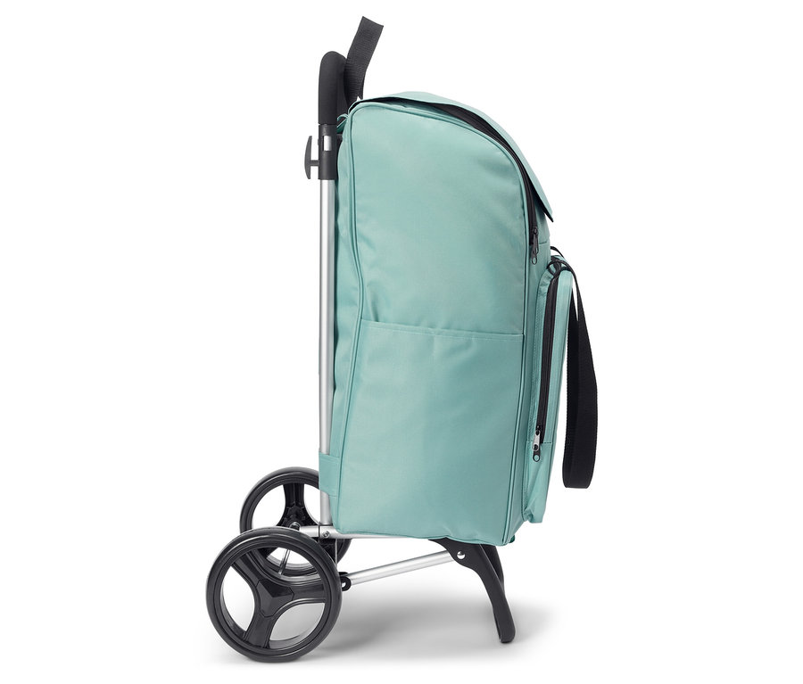 Hellblaue Einkaufstrolley-Tasche mit schwarzen Rädern und Griff.