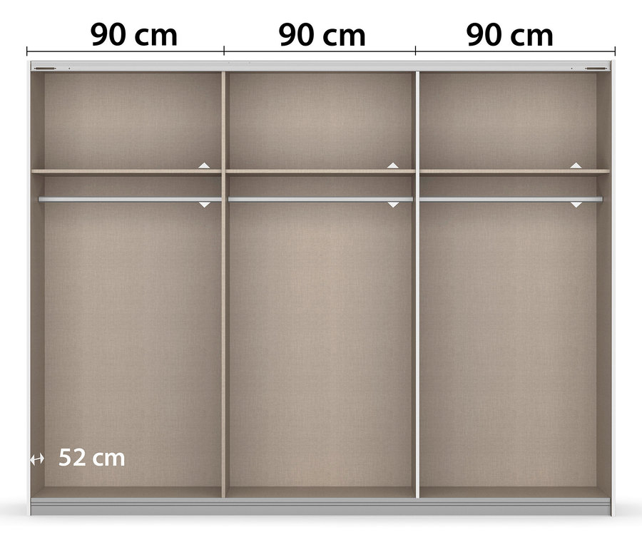Innenansicht des rauch Kleiderschranks »Barea« mit zwei Türen und Spiegel. Die Breite der drei Abteile beträgt jeweils 90 cm, die Tiefe 52 cm.