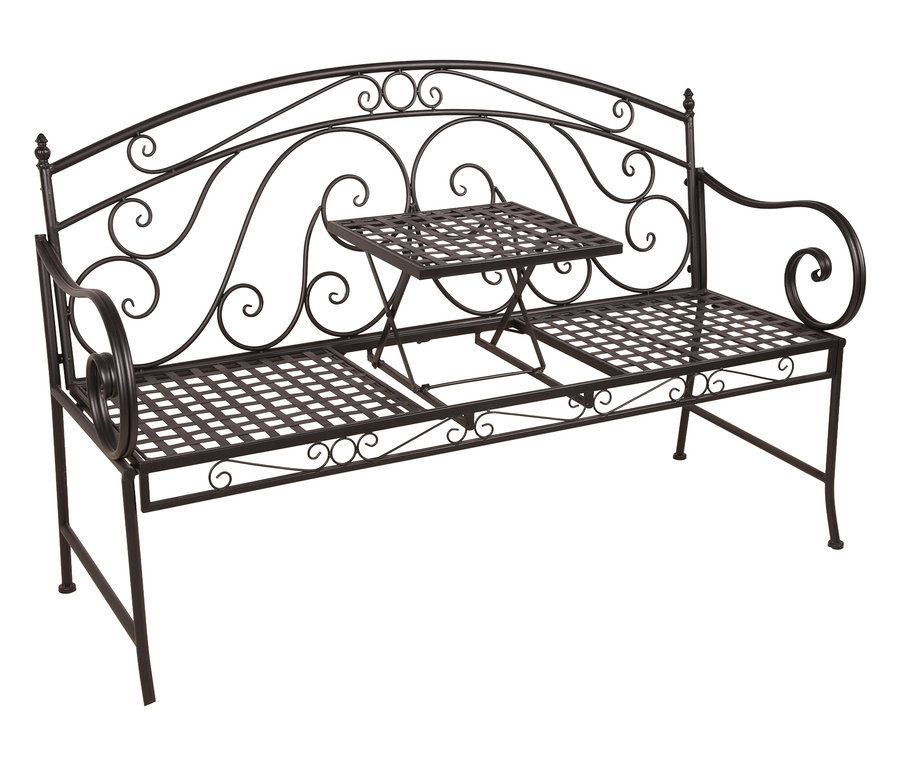 Schwarze Metallbank mit geschwungenen Verzierungen und integriertem Tischchen in der Mitte.