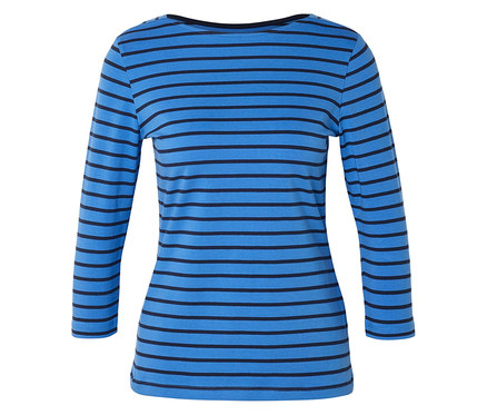Blaues, tailliertes Langarmshirt mit schwarzen horizontalen Streifen vor weißem Hintergrund.