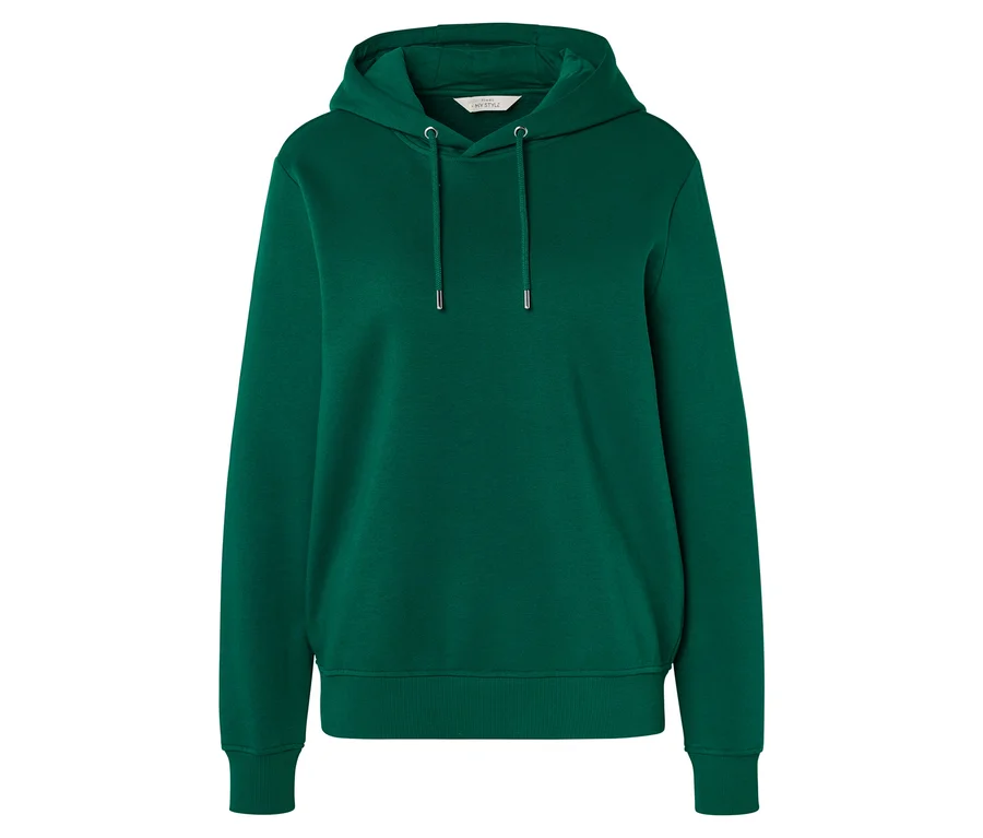 Ein grüner Hoodie mit Kapuze, Kordelzug und gerippten Bündchen, auf weißem Hintergrund.