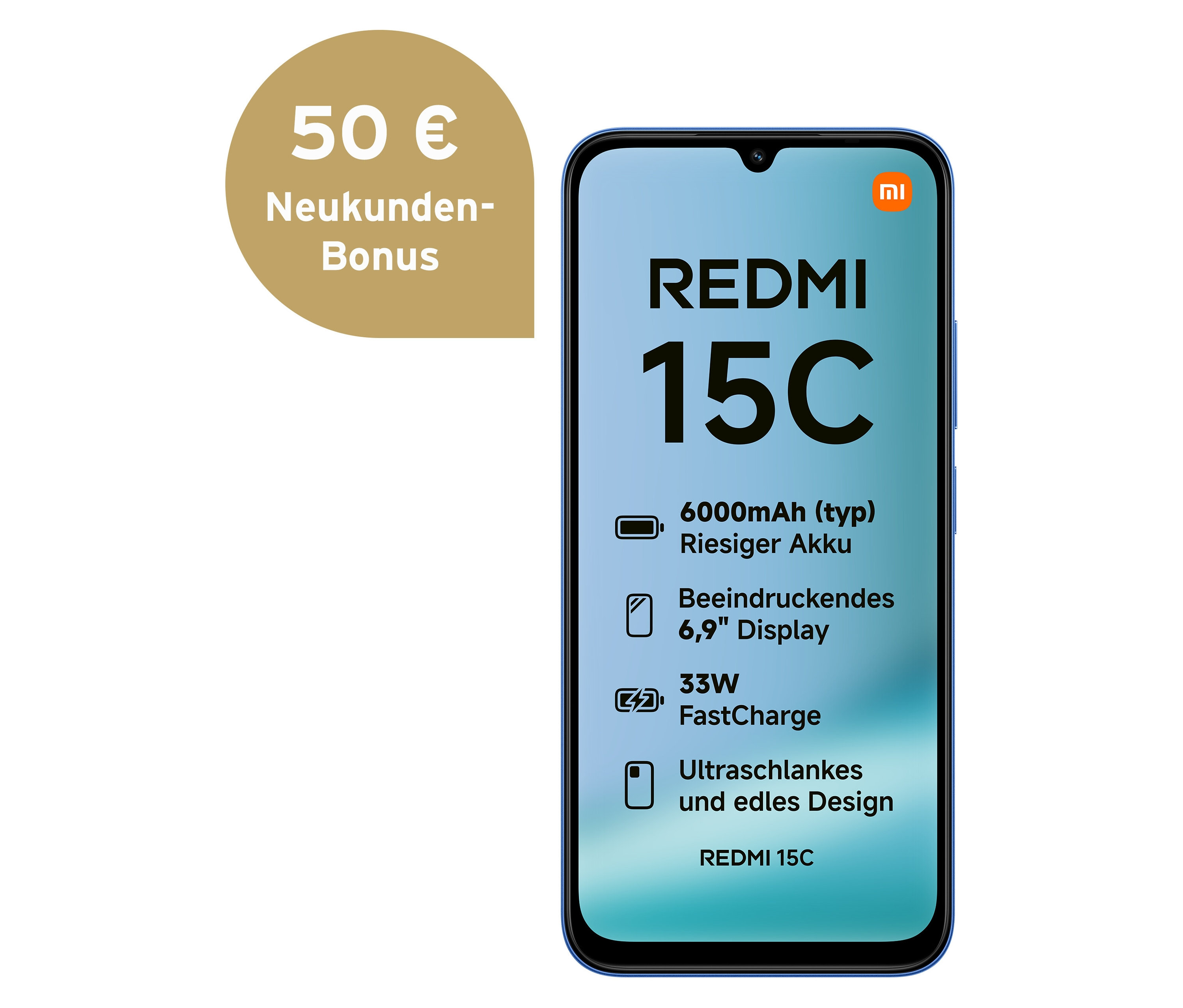 Das blaue Xiaomi Redmi 15C mit 128 GB Speicher wird frontal gezeigt.