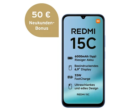 Das blaue Xiaomi Redmi 15C mit 128 GB Speicher wird frontal gezeigt.