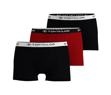 Drei Tom Tailor Slipboxer »Buffer«, zwei schwarze und ein dunkelroter, liegen gestapelt übereinander. Alle haben einen weißen Bund mit Tom Tailor Logo.