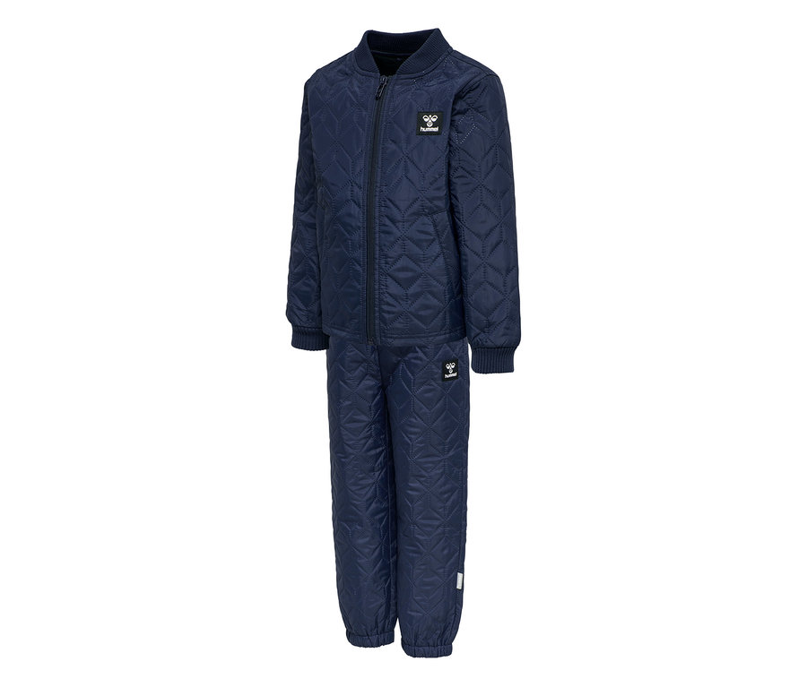 Marineblaues, gestepptes hummel® »HMLSOBI Thermo-Set« aus Jacke und Hose mit Reißverschluss, Rippbündchen und elastischen Knöcheln.
